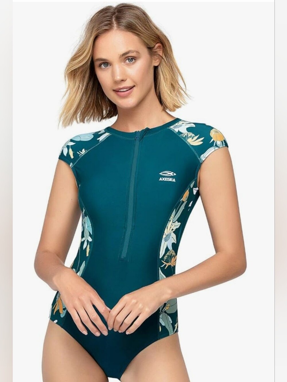 AXESEA Teal Floral Zip-Front One-Piece Swimsuit Sport
